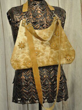 Light Brown Cowhide & Leather Bag w/ Floral Details – Convertible Shoulder/Cross